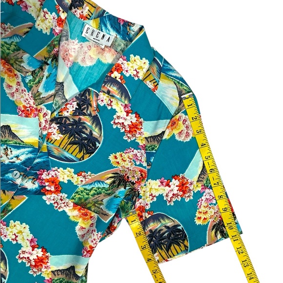 Erena Hawaiian Aloha Vintage Shirt Women Tropical Button up Teal Petite Medium - Picture 7 of 16